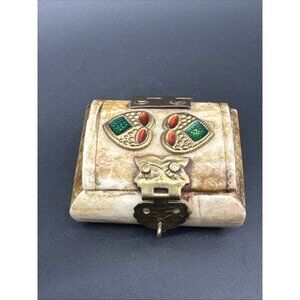 Vintage Camel Bone Brass Heart Valentine Ring Trinket  Box Gift Velvet Lining